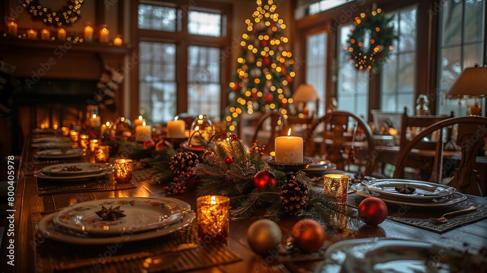 Seasonal Decor Adorning Large Dining Table for Holiday Feast, generative ai