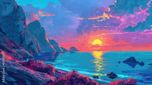 A beautiful sunset over the ocean. The sky is a gradient of purple  blue  and pink. The sun is a bright yellow orb. The water is a deep blue. The foreground is a rocky beach with some grass and flower
