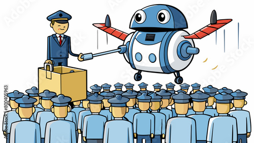 A small flying security robot equipped with a remotecontrolled taser monitors a crowded event quietly hovering above the crowd and swiftly. Cartoon Vector. photo