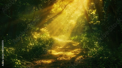 A mystical forest path illuminated by shafts of sunlight, hinting at a journey of spiritual growth and enlightenment on Ascension Day. 