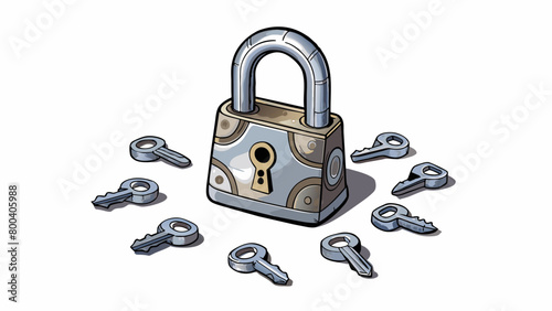 A small metal lock with several keys tered on a table next to it. Each key has a unique shape and design but only one will unlock the lock. The lock. Cartoon Vector.