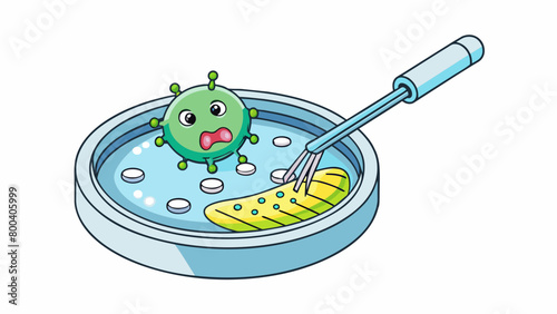 A small petri dish containing a tiny bacteria with a circular piece of DNA being inserted using a micropipette. The bacterias genetic makeup is being. Cartoon Vector.