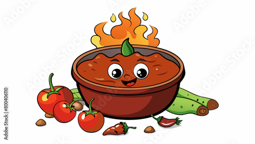 A smoky and rich salsa with a dark red color made from roasted tomatoes peppers and garlic. The vegetables are charred before being blended together. Cartoon Vector.