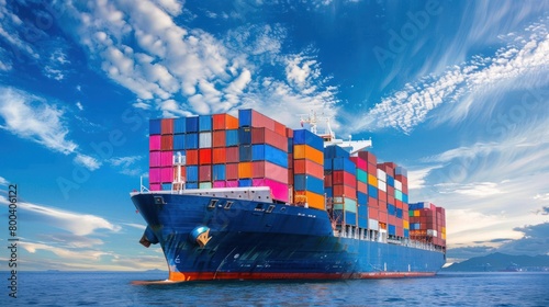 An abstract Logistics import-export scene unfolds against a blue sky background, showcasing Container Cargo ships in a seaport, illustrating Freight Transportation.