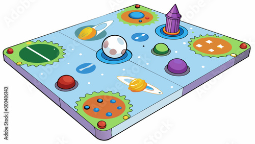 A spacethemed board game where players compete to colonize a newly discovered planet. The board features a vast colorful galaxy with different planets. Cartoon Vector.
