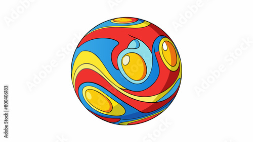 A spherical object with a vibrant abstract design featuring swirls and splatters of red blue and yellow. It has a rubbery texture and is lightweight. Cartoon Vector.
