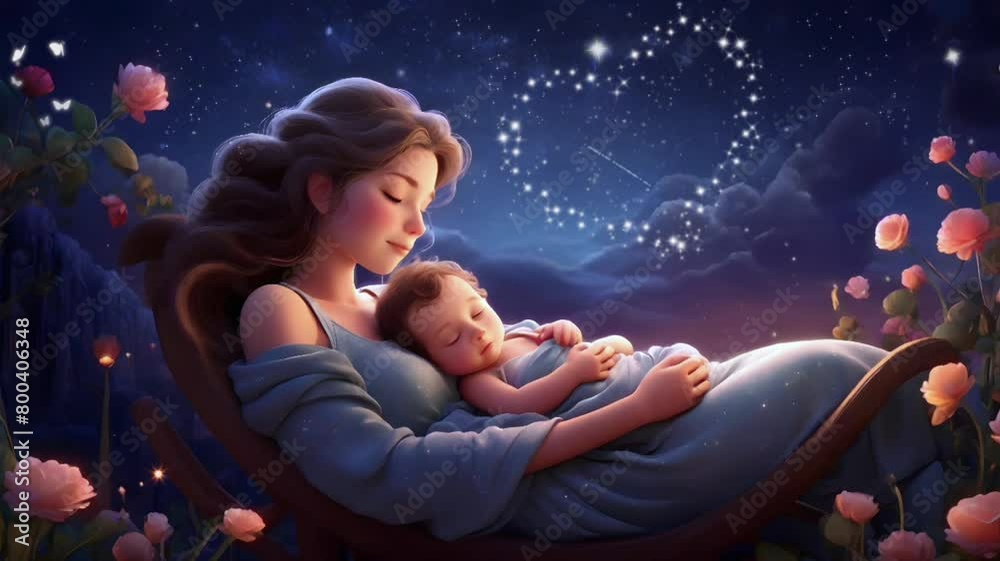 Cartoon animation of a lullaby: a baby sleeping in his mother's lap against the backdrop of a night sky decorated with flowers. 4K Lullaby video background
