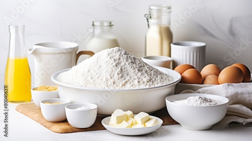 A neatly organized table with ingredients required for baking such as flour, eggs, butter, milk, and others photo