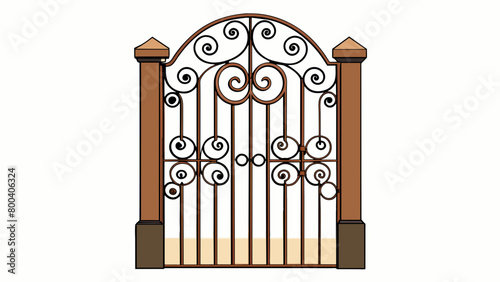 A tall antique iron gate adorned with intricate scrollwork and rusted accents. Its weight gives it a sense of security and durability.  on white. Cartoon Vector.
