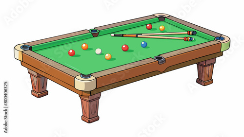 A sy table with four sy legs covered in green felt and surrounded by cushioned bumpers. Small white and colored balls are tered across the surface and. Cartoon Vector.