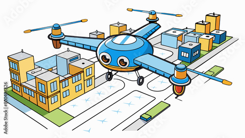 A sy weatherresistant drone buzzes over a bustling city street surveying traffic patterns and collecting data for urban planning purposes.  on. Cartoon Vector.