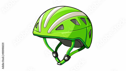 A sy shell made of lightweight material with vents designed for maximum airflow sits atop a climbing helmet. The bright green color of the helmet. Cartoon Vector.