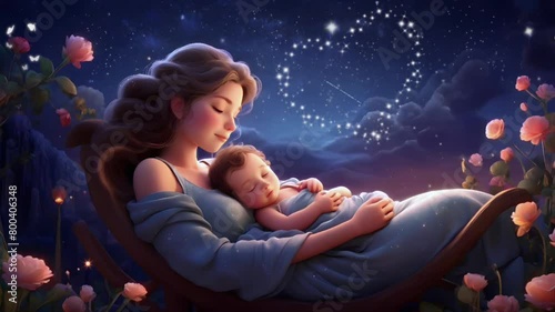 Cartoon animation of a lullaby: a baby sleeping in his mother's lap against the backdrop of a night sky decorated with flowers. 4K Lullaby video background