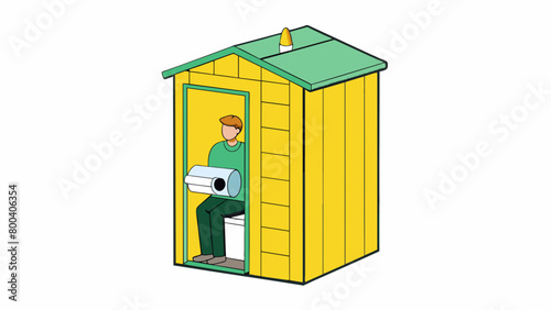 A tall rectangular cubicle with a yellow exterior and a dark green roof. The door is marked with a symbol of a person sitting on a and inside there is. Cartoon Vector.
