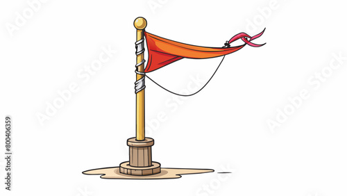 A tall flagpole standing tall amid a strong gust of wind its ropes attached to the top of the pole and anchored firmly to the base.  on white. Cartoon Vector.