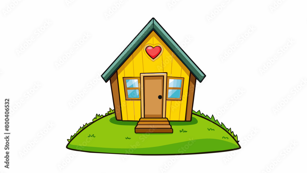 A tiny house with a sloped roof and a vibrant yellow exterior perched atop a grassy hill. The front door is tiny just big enough for one person to. Cartoon Vector.