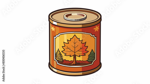 A tin can with a vintage label containing a thick caramelcolored syrup that oozes out in a slow steady stream. Its distinct woodsy scent evokes images. Cartoon Vector.