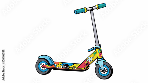 A threewheeled kick scooter made from durable metal and covered in vibrant graffitistyle designs featuring a hand brake and adjustable height for. Cartoon Vector.