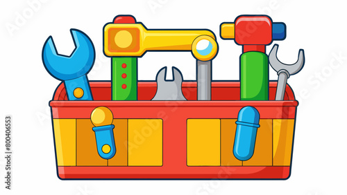 A toy tool set that includes a hammer screwdriver and wrench. Each tool is made of brightcolored plastic and has a comfortable grip for easy use. The. Cartoon Vector. photo