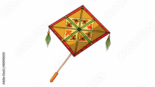 A traditional handcrafted kite made of thin paper and bamboo sticks decorated with intricate patterns and symbols soars high above the rooftops. . Cartoon Vector.