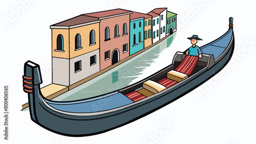 A traditional wooden gondola gliding through the narrow canals of a charming city. The flat bottom allows for easy navigation through the tight spaces. Cartoon Vector.