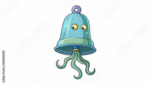 A translucent bellshaped object floating in the ocean its long thin tentacles reaching downward. Each of its arms is lined with rows of tiny hooks. Cartoon Vector. photo