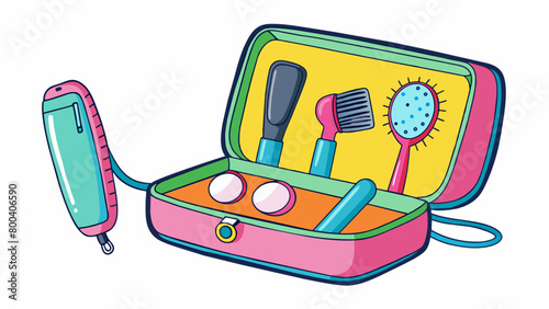 A travelsized hairdressing set featuring compact brushes a handheld mirror and a hair straightener that can be easily stored in its own colorful. Cartoon Vector.