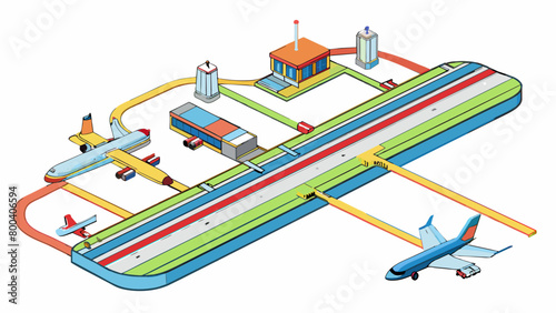 A transportation map of a busy airport with different colored lines to denote the various runways and taxiways. The terminals are labeled with letters. Cartoon Vector.