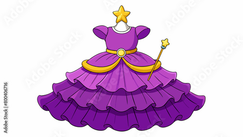 A vibrant purple dress with layers of ruffled tulle that give it a full and playful shape. The top of the dress is decorated with intricate beading. Cartoon Vector.