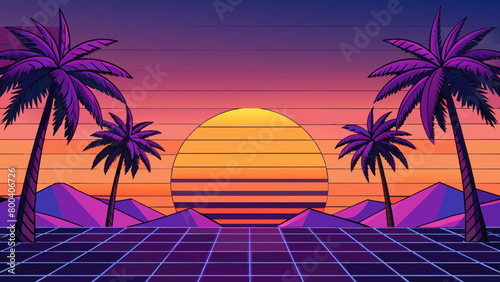 A vibrant sunset painting the sky with shades of pink purple and orange while towering palm trees stand silhouetted against the horizon. The tips of. Cartoon Vector.