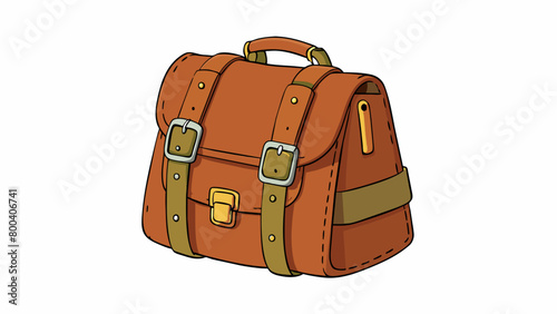 A vintagestyle leather backpack with brass buckles and a top handle. It has a rustic look with several small pockets on the front giving it a trendy. Cartoon Vector.