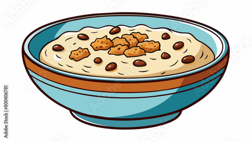 A warm and comforting breakfast dish made from ground oats milk and brown sugar. It is topped with a generous serving of chopped nuts and raisins. Cartoon Vector.