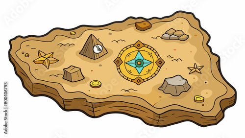 A weathered map etched into a piece of driftwood using sharp stones. The inscriptions are illegible but the map shows a series of underwater caves and. Cartoon Vector.