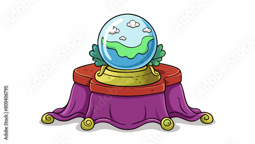 A weathered crystal ball swirling with mist and revealing glimpses of the future sitting atop a velvet cloth on a table in a mysterious wagon.  on. Cartoon Vector.