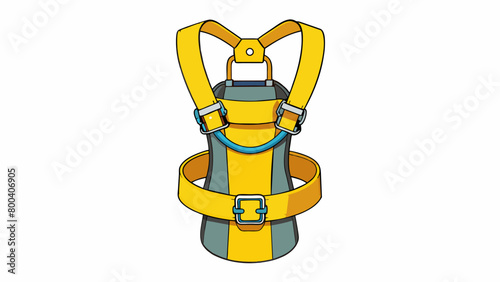 A yellow safety harness with adjustable ss and a large buckle. It has a metal clip at the front and is equipped with a pretend oxygen tank and hose. Cartoon Vector.