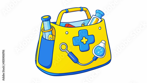 A yellow and blue plastic bag with a clear front panel allowing you to see the colorful medical tools inside. The kit includes a reflex hammer a. Cartoon Vector.