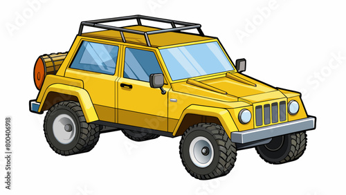 A yellow toy car with a sy frame and chunky wheels. The car has a roof rack on top suggesting it is meant for offroad adventures. The doors and trunk. Cartoon Vector.