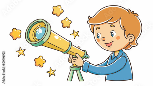 A young Astronomer peers through a small handheld device mesmerized by the bright ling stars in the lens. The device is circular in shape and has a. Cartoon Vector.
