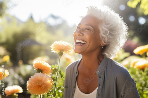 An elderly woman smiles in the garden near a flowering bush. © July P