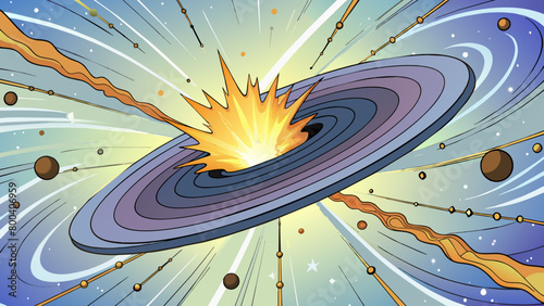 Against a backdrop of swirling galaxies a massive supernova detonates visible even from hundreds of lightyears away. The accompanying gammaray. Cartoon Vector.