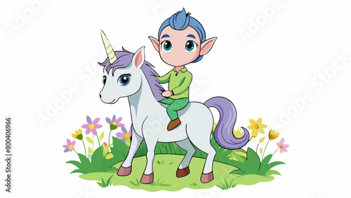 A young elf sits atop a majestic unicorn their fingers entwined in its silky mane. The creatures horn gleams in the dappled sunlight as they ride. Cartoon Vector.