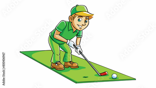 Amidst a field of neatly trimmed grass a golfer carefully lines up his shot studying the slope of the green and the direction of the wind. His trusty. Cartoon Vector.