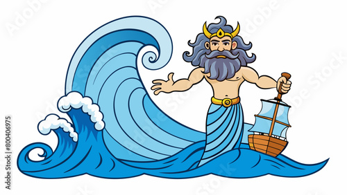 Along the shore a massive wave forms into the powerful god of the sea Poseidon. Water cascades down his chiseled body as he carries a ship in one hand. Cartoon Vector.