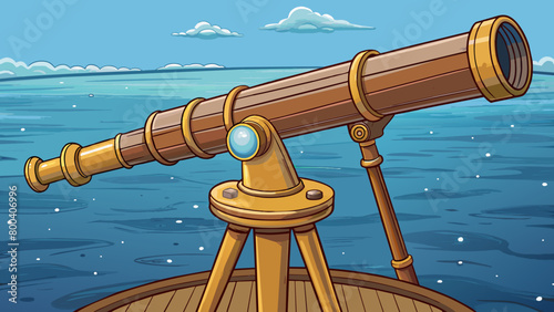 An ancient wooden telescope with a small scuffed eyepiece and worn brass fittings used for exploring the ocean horizon. On a clear day ships can be. Cartoon Vector.