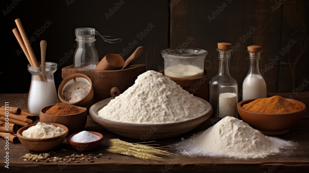 Different kinds of baking necessities including flour, sugar, and milk on a rich wooden backdrop, capturing a culinary essence