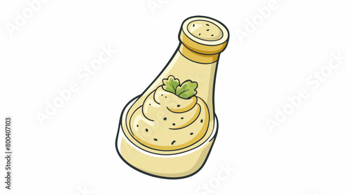 An opaque ivorycolored dressing with visible pieces of dried herbs throughout. It has a robust earthy flavor lifted by a touch of zesty citrus. Cartoon Vector.