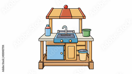 An outdoor play kitchen set with a real functioning water pump for washing dishes a grill for barbecuing and a wooden table for dining. The set also. Cartoon Vector.