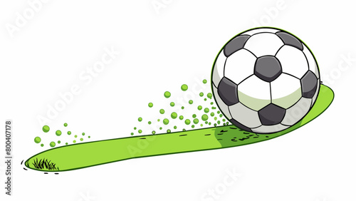 As it rolls across the green field the soccer ball leaves a trail of small rubber particles behind. These particles come from the rubber bladder. Cartoon Vector.