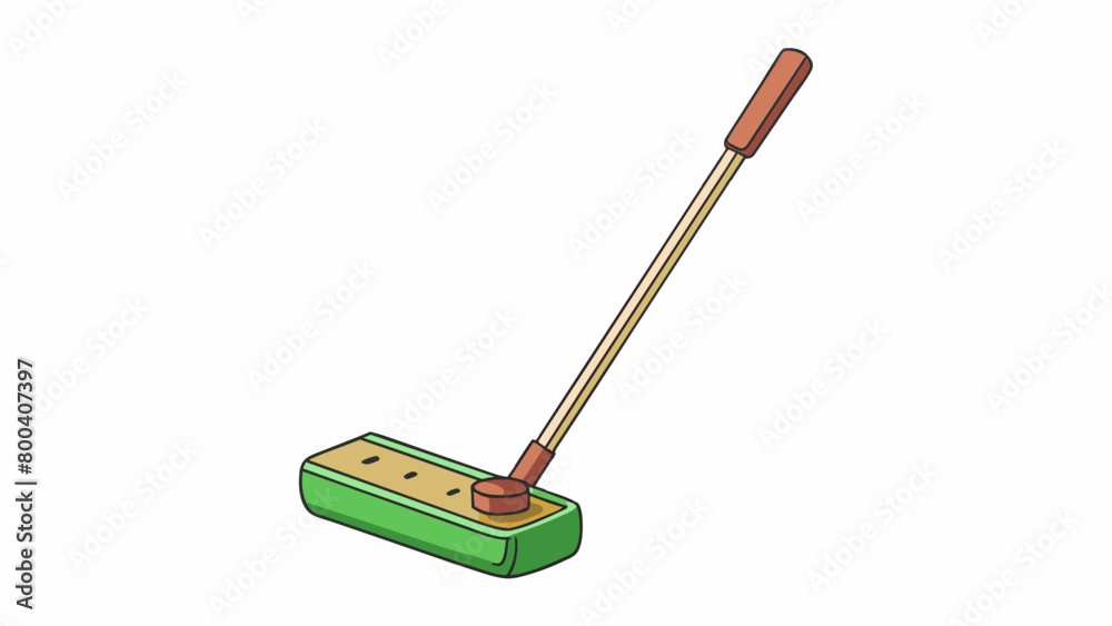 Finally we have a putter the smallest and simplest of all the golf clubs. It has a short handle and a flat rectangularshaped head. The head is angled. Cartoon Vector. Finally we have a putter the smallest and simplest of all the golf clubs. It has a short handle and a flat rectangularshaped head. The head is angled. Cartoon Vector.
