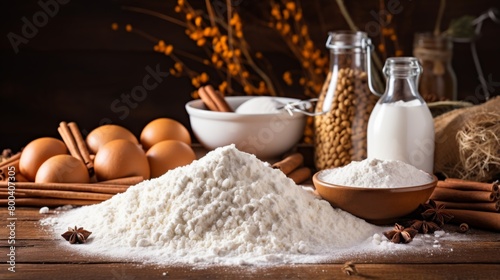 Flour mounds on a wooden surface with eggs and spices, setting a scene of baking preparation